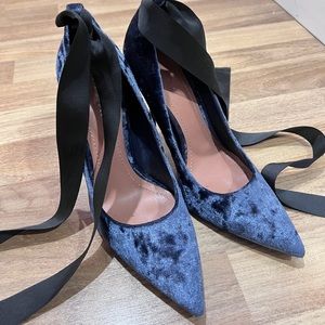 Dark blue velvet lace up heels